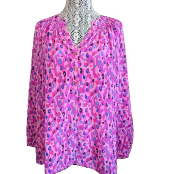NWT Lilly Pulitzer Silk Long Sleeve Elsa Top Wild Fuchsia Spotted In Love Pink - Picture 5 of 9
